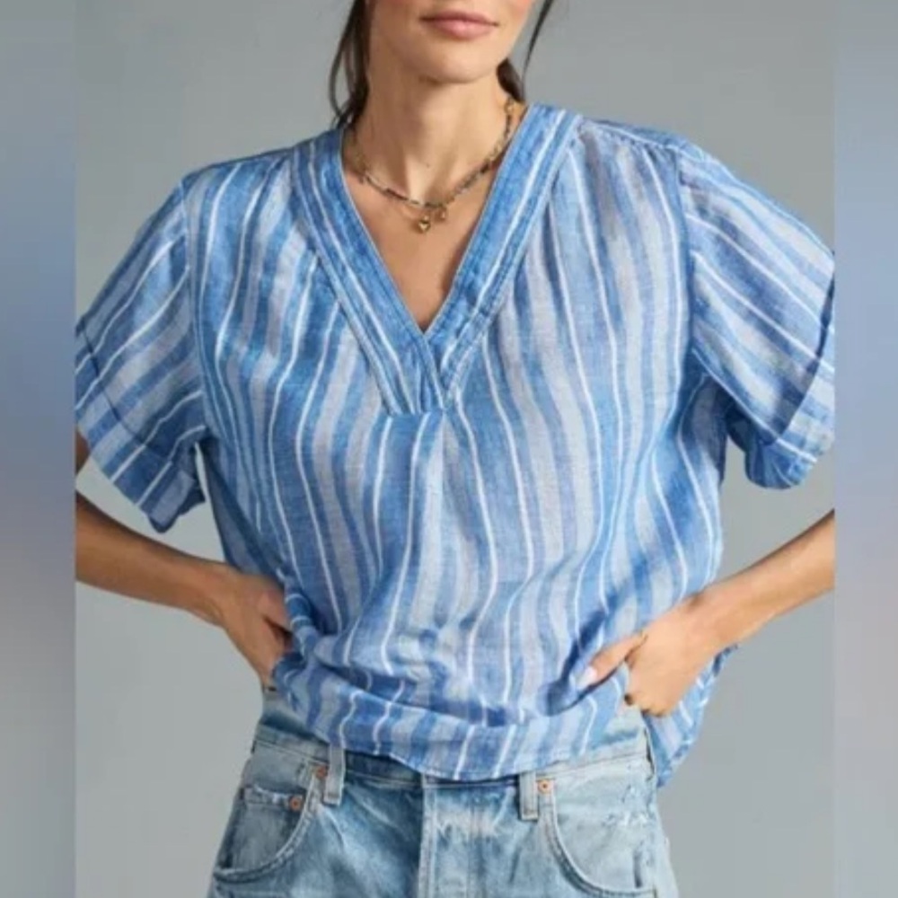 Anthropologie Blue and White Striped V-Neck Blouse